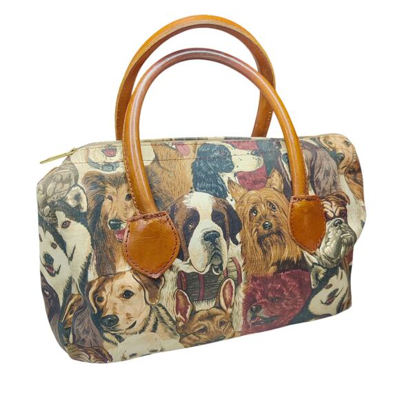 Vintage Canvas Dog Print Animal Tapestry Barrel Handbag Leather Handle Tote Bag - Picture 2 of 15
